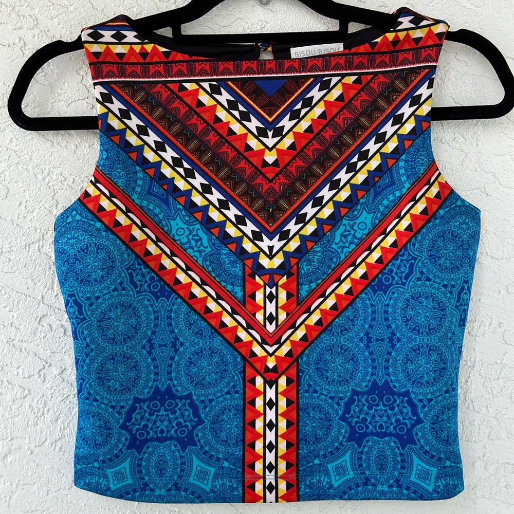 Bisou Bisou Boho Lined  Blue Red Geometric Aztec Print Sleeveless Crop Top XS